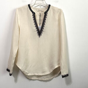 Current Elliott Top S Linen Blend Embroidered V Neck The Dreamy Popover‎ NEW